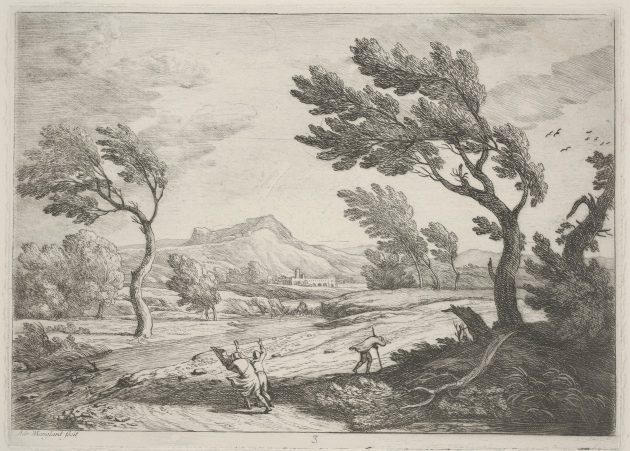Landskap med resenärer i stark vind, ca 1753 (etsning) av Adrien Manglard