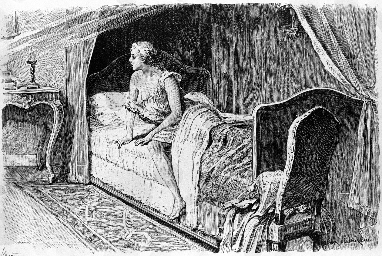 Gravyr av Adrien Moreau (1843-1906) som illustrerar "" Candide"" av Francois Marie Arouet dit Voltaire (1694-1778). av Adrien Moreau