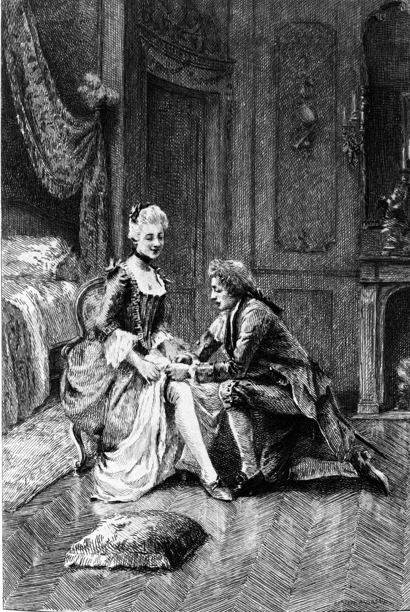 Gravyr av Adrien Moreau (1843-1906) som illustrerar "" Candide"" av Francois Marie Arouet dit Voltaire (1694-1778). av Adrien Moreau