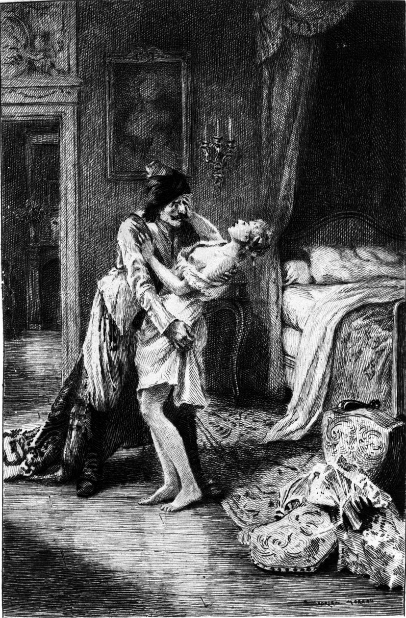 Gravyr av Adrien Moreau (1843-1906) som illustrerar "" Candide"" av Francois Marie Arouet dit Voltaire (1694-1778). av Adrien Moreau