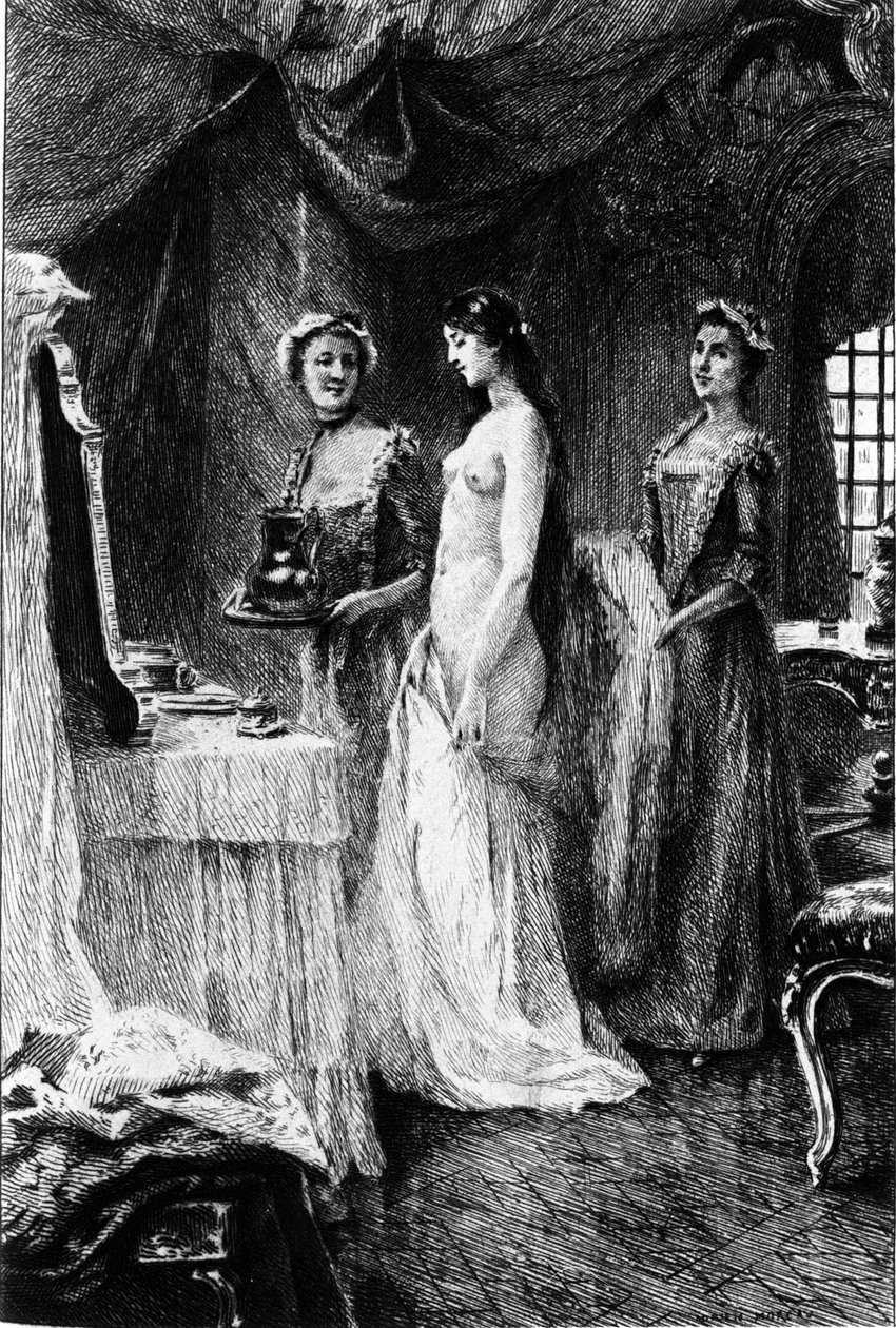 Gravyr av Adrien Moreau (1843-1906) som illustrerar "" Candide"" av Francois Marie Arouet dit Voltaire (1694-1778). av Adrien Moreau