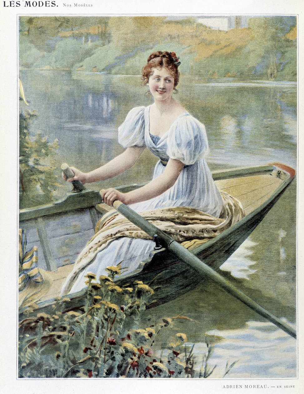 Kvinna som gör en båt på Seine - sjuk. av Adrien Moreau, ca. 1900 av Adrien Moreau