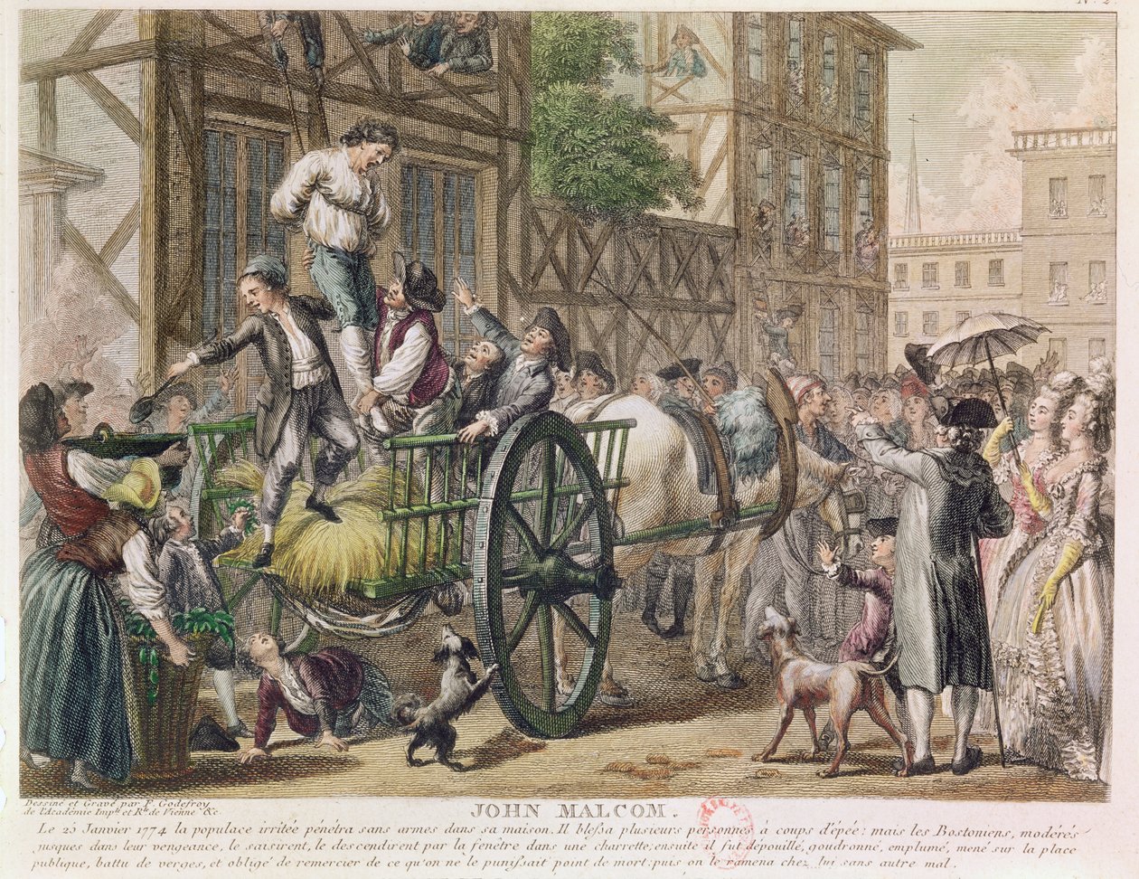 Tuktan av John Malcom av befolkningen i Boston den 25 januari 1774, ca 1785 (färggravyr) av Adrien Pierre Francois Godefroy