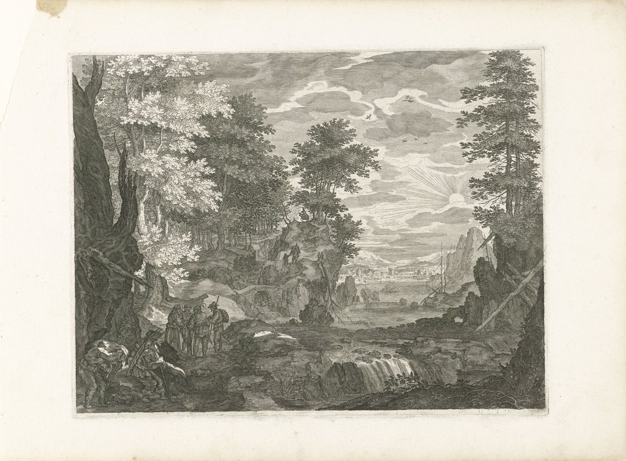 Vattenfall med en stad i bakgrunden Fyra landskap i Böhmen (serietitel) av Aegidius Sadeler (II) (attributed to)
