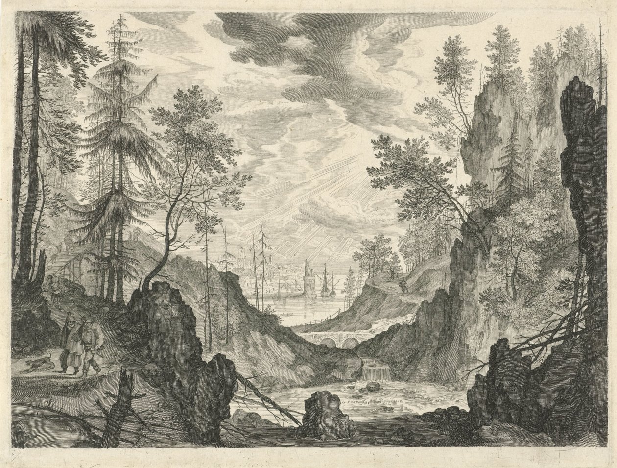 Skogslandskap med ett vattenfall Bergslandskap från Tyrolen (serietitel) av Egidius  Sadeler (II)