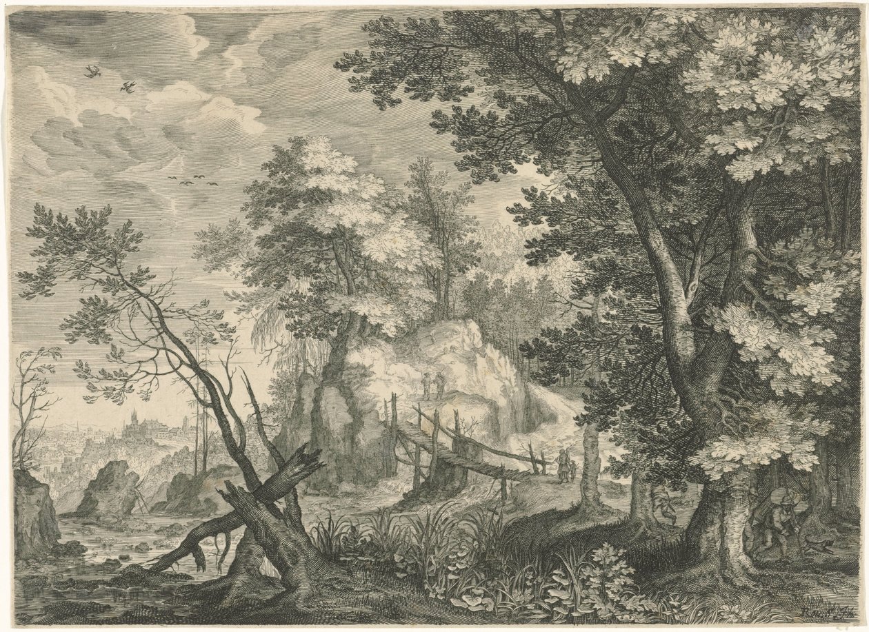 Skogslandskap med träbro Bergslandskap från Tyrolen (serietitel) av Egidius  Sadeler (II)