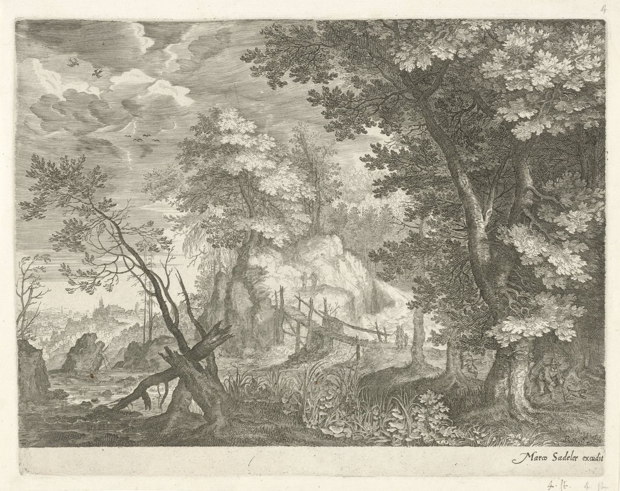 Skogslandskap med träbro Bergslandskap från Tyrolen (serietitel) av Egidius  Sadeler (II)