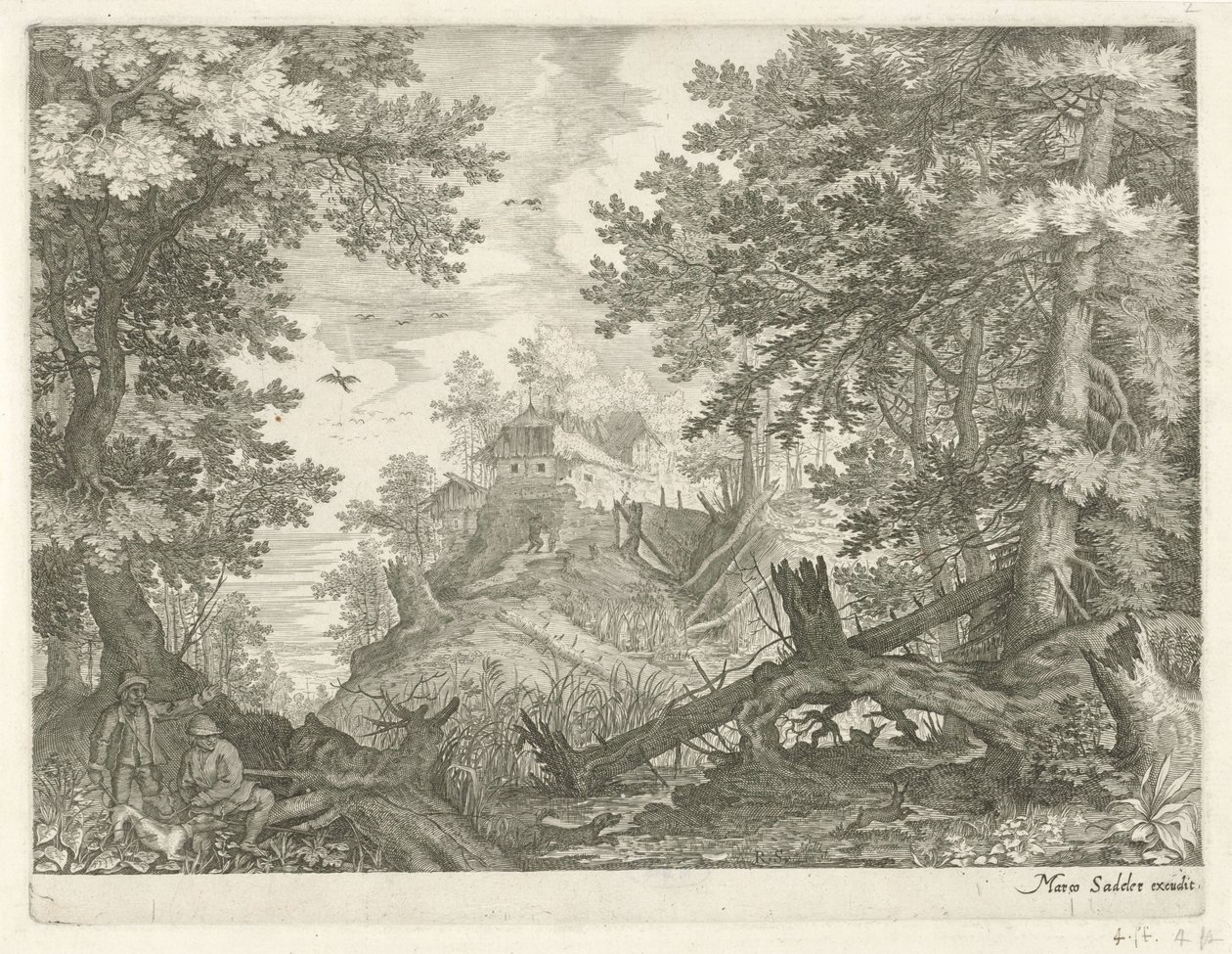 Skogslandskap med två jägare och en hund Bergslandskap från Tyrolen (serietitel) av Egidius  Sadeler (II)