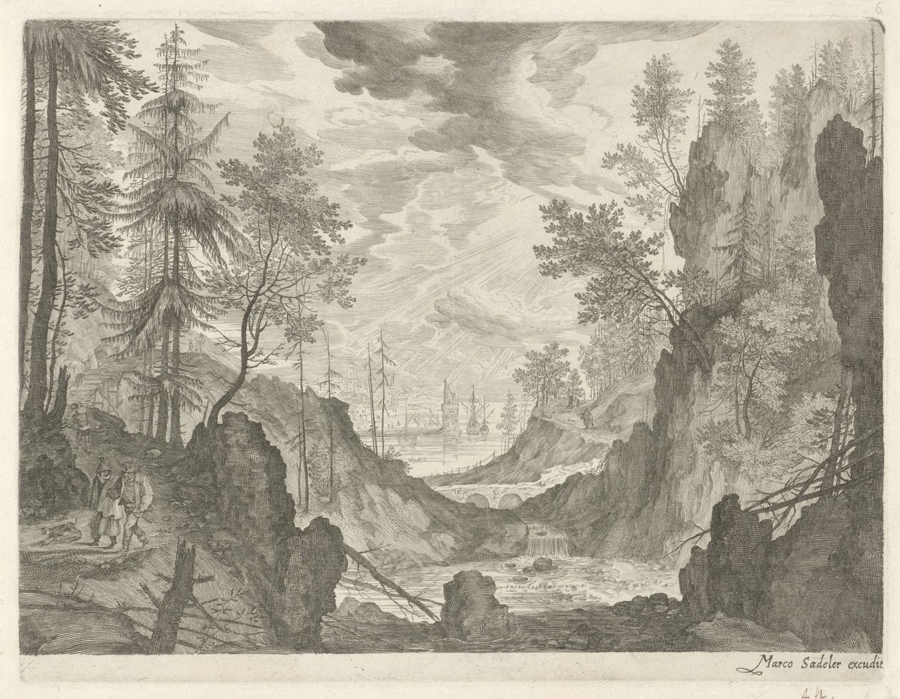 Skogslandskap med vattenfall Bergslandskap från Tyrolen (serietitel) av Egidius  Sadeler (II)
