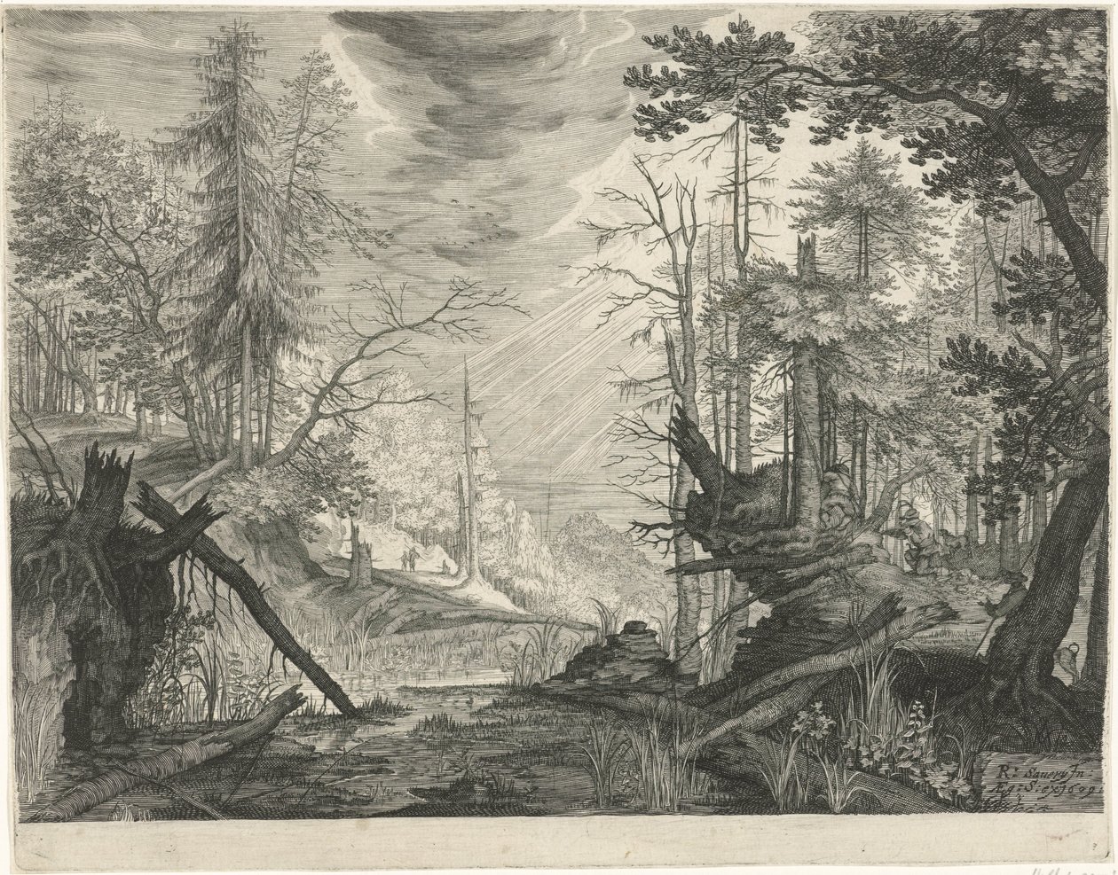 Tre jägare vid en flod i en skog Bergslandskap från Tyrolen (serietitel) av Egidius  Sadeler (II)