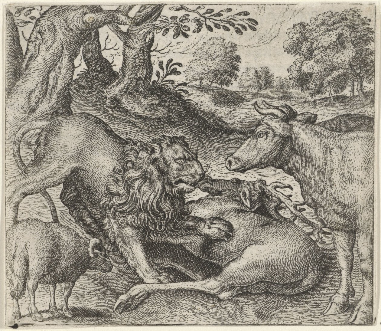 Fabel om lejonet, kon och fåren på jakt av Egidius  Sadeler (II)