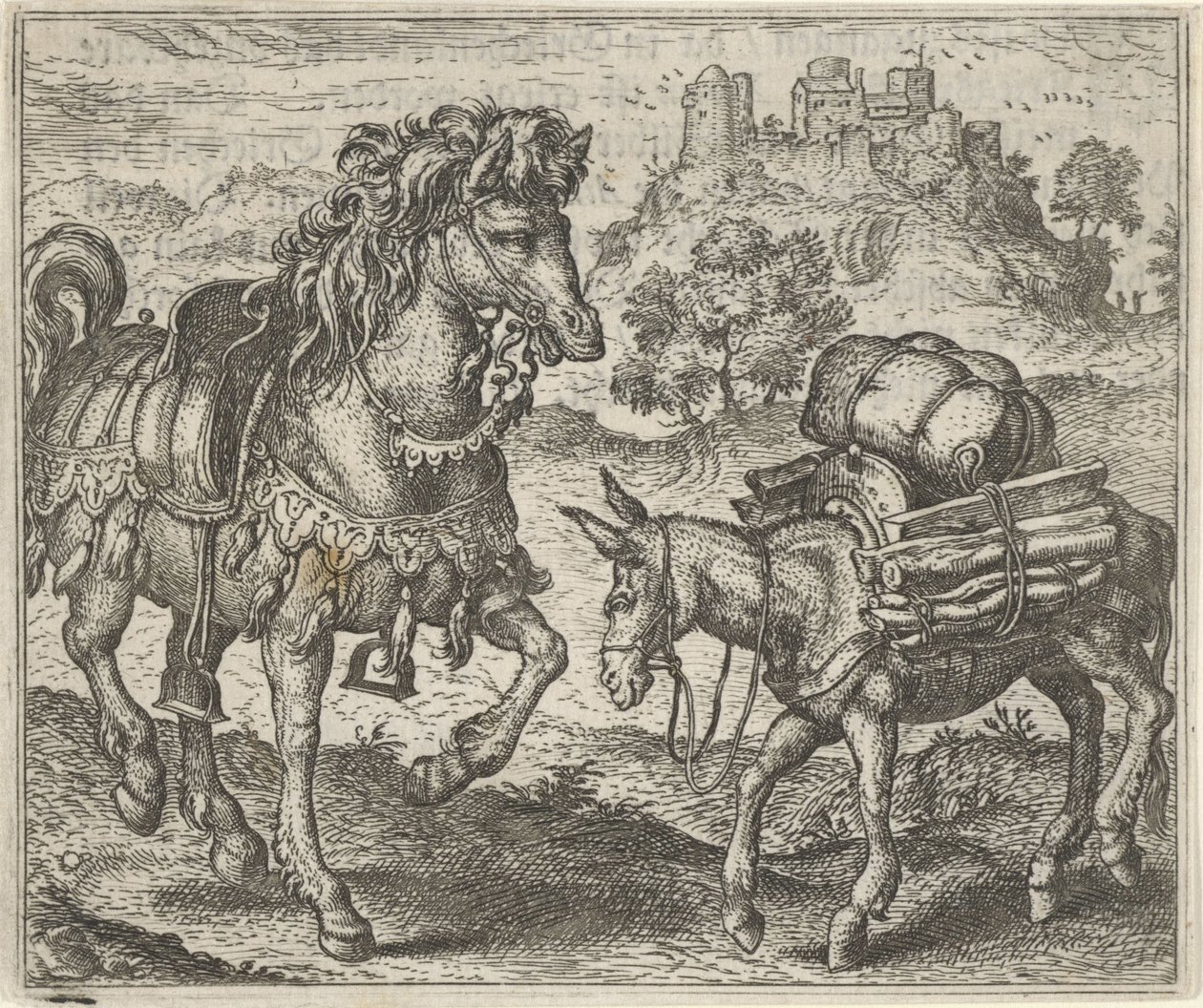 Fabel om den missnöjda åsnan och krigshästen av Egidius  Sadeler (II)