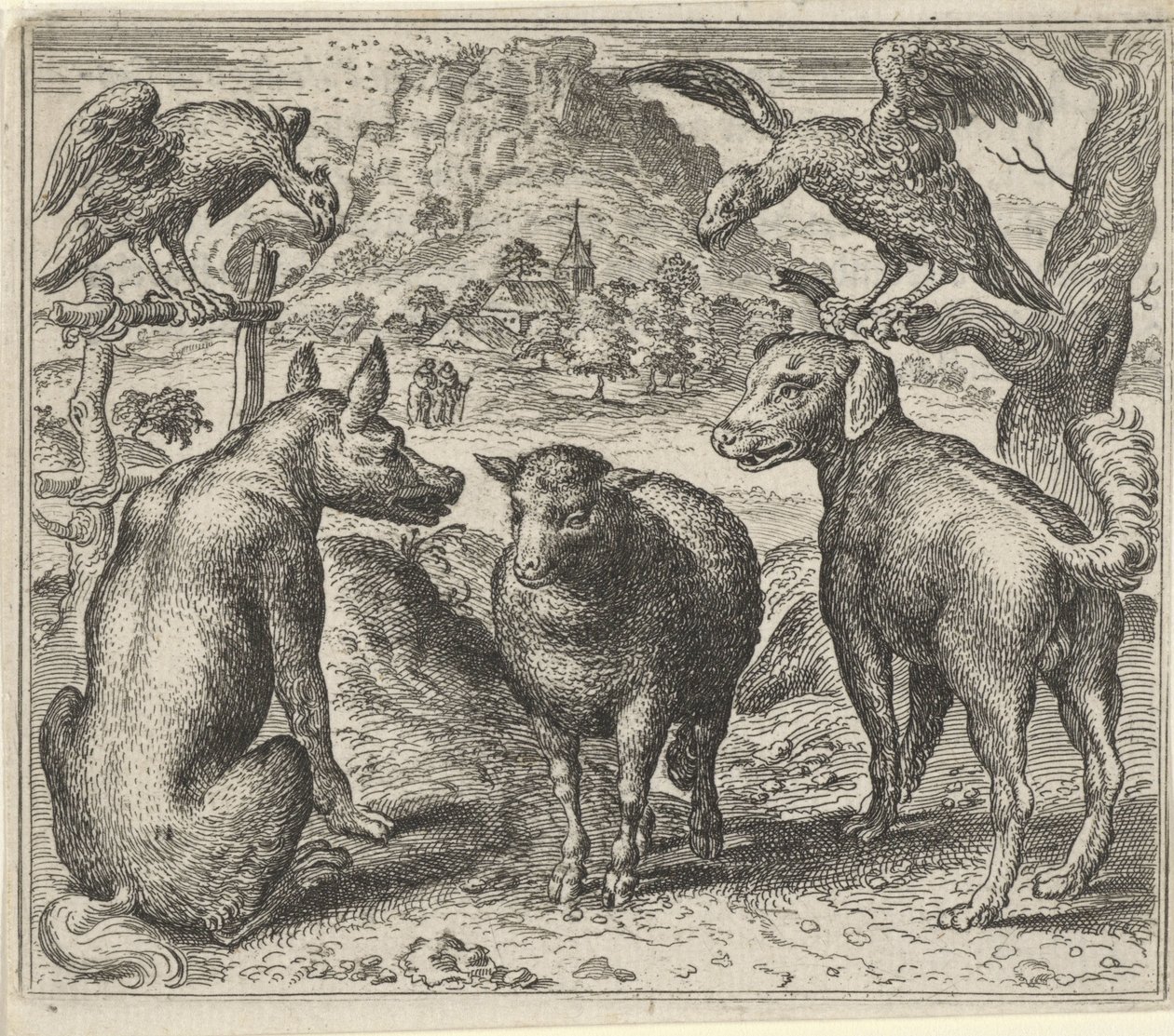 Fabel om vargen och hans rättegång mot fåren av Egidius  Sadeler (II)