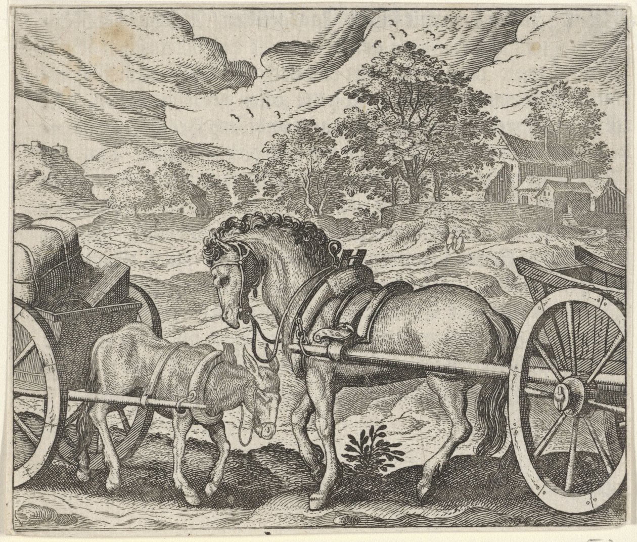 Fabel om den missnöjda hästen och åsnan av Egidius  Sadeler (II)