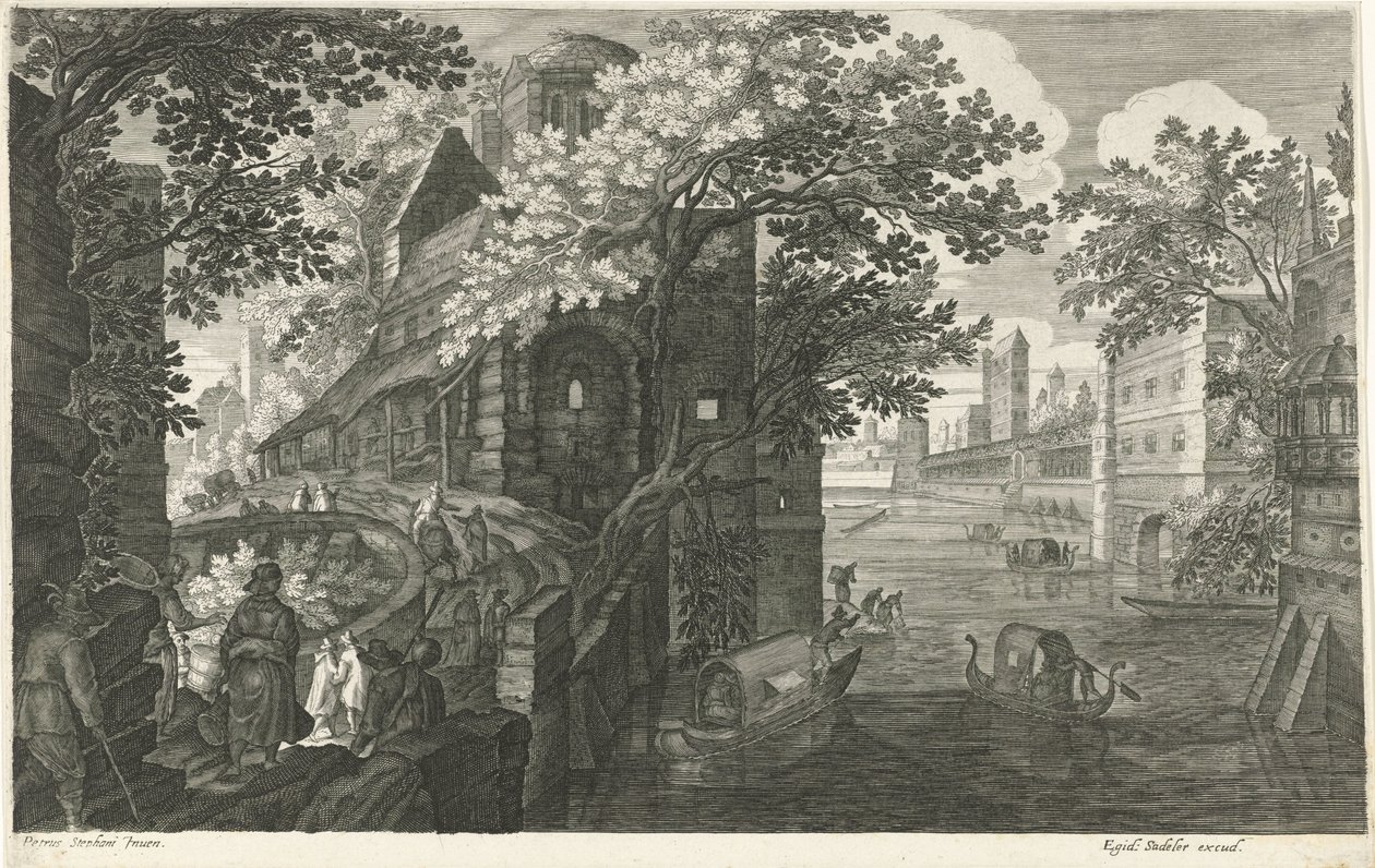 Gondoler på en kanal Åtta landskap i Böhmen (serietitel) av Egidius  Sadeler (II)