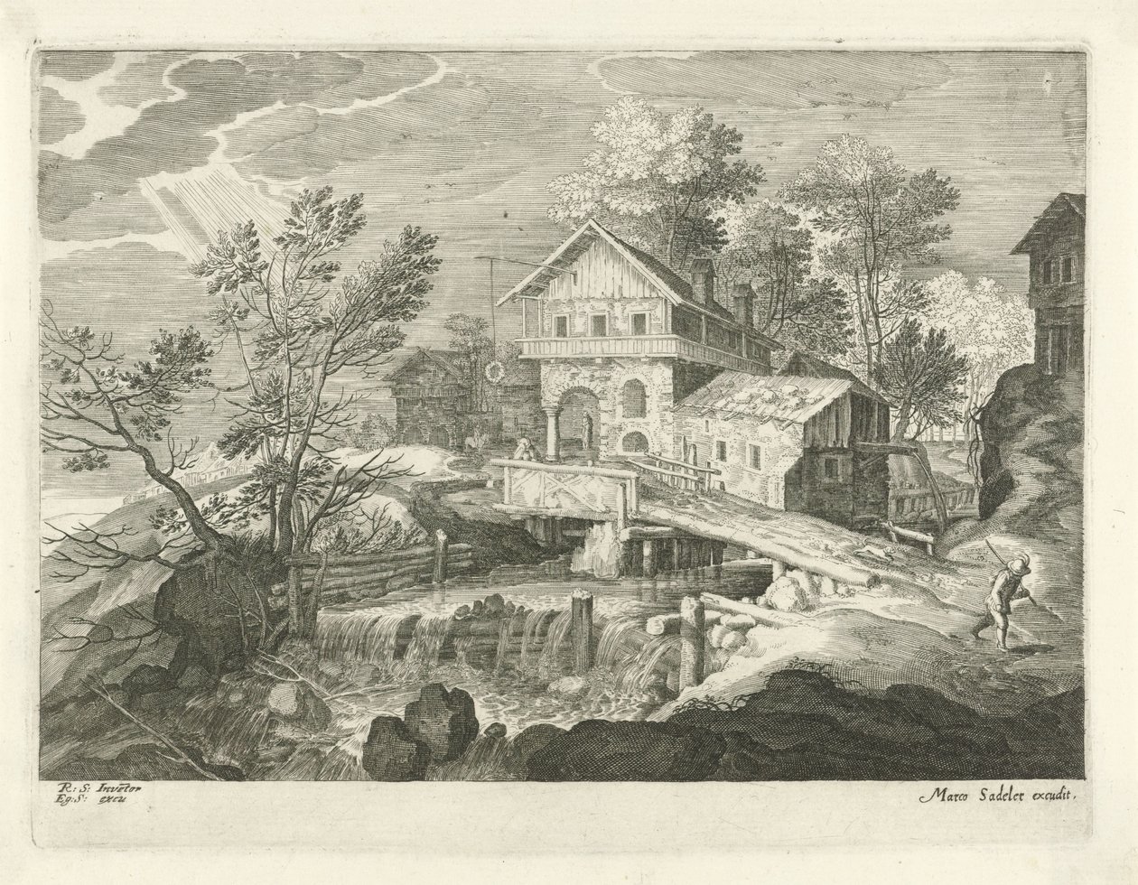 Värdshus och några hus vid en bro Landskap från Tyrolen (serietitel) av Egidius  Sadeler (II)