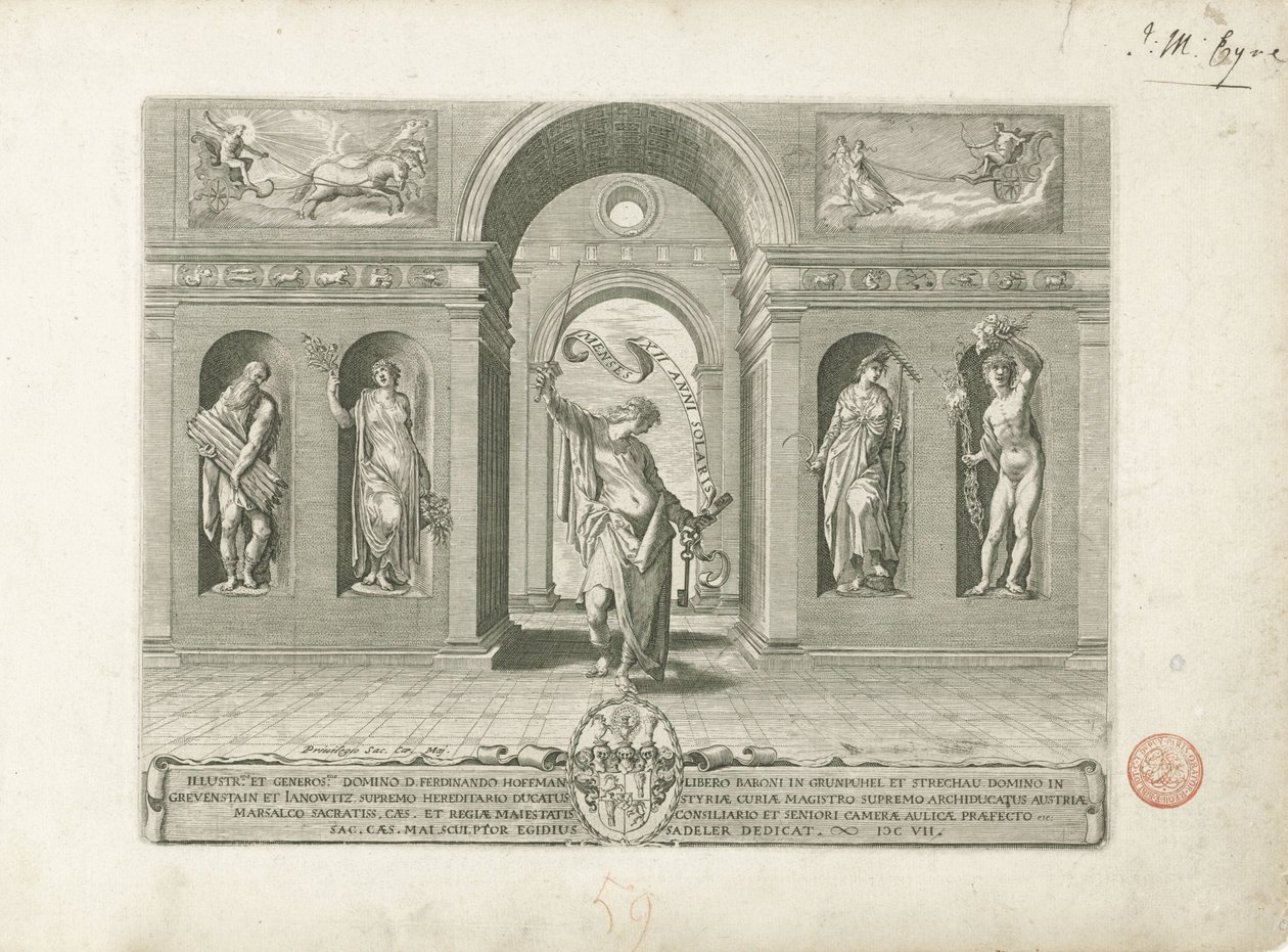 Janus och de fyra årstiderna Titelbild på en serie om de tolv månaderna De tolv månaderna (serietitel) av Egidius  Sadeler (II)
