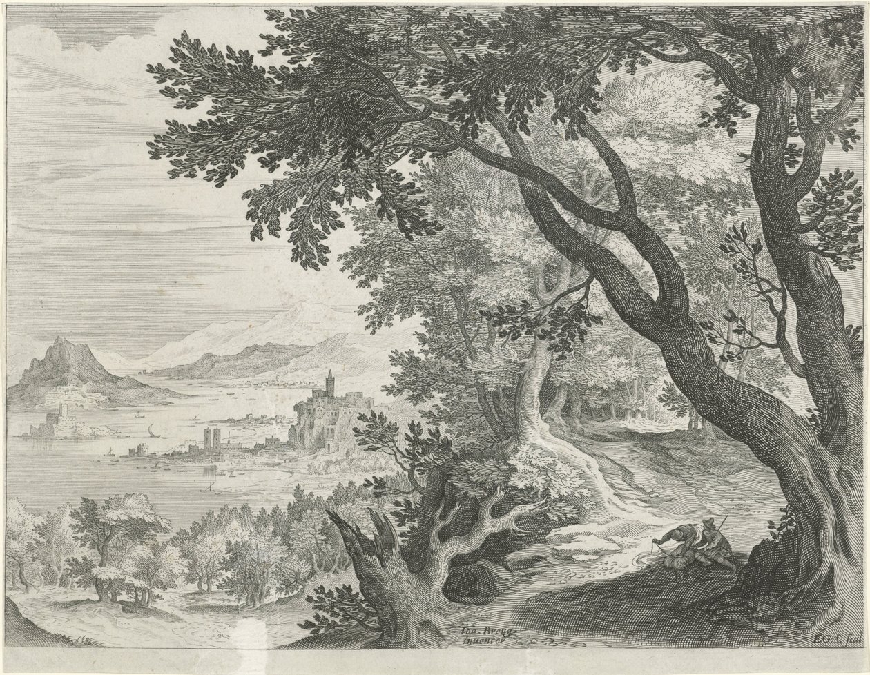 Landskap med två figurer under ett träd av Egidius  Sadeler (II)