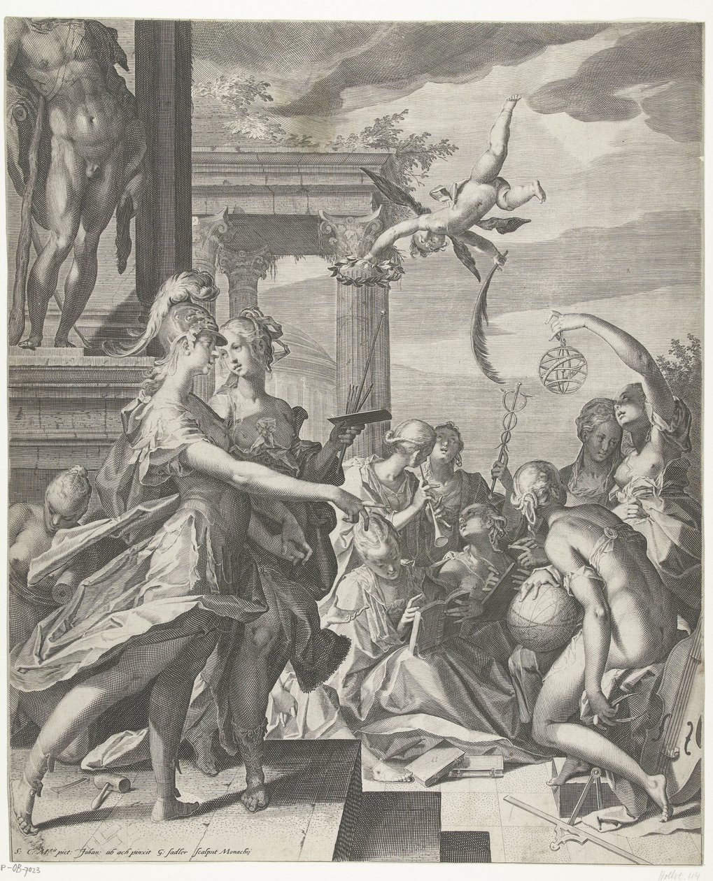 Minerva följer med måleriet till dess plats med vetenskaperna av Egidius  Sadeler (II)