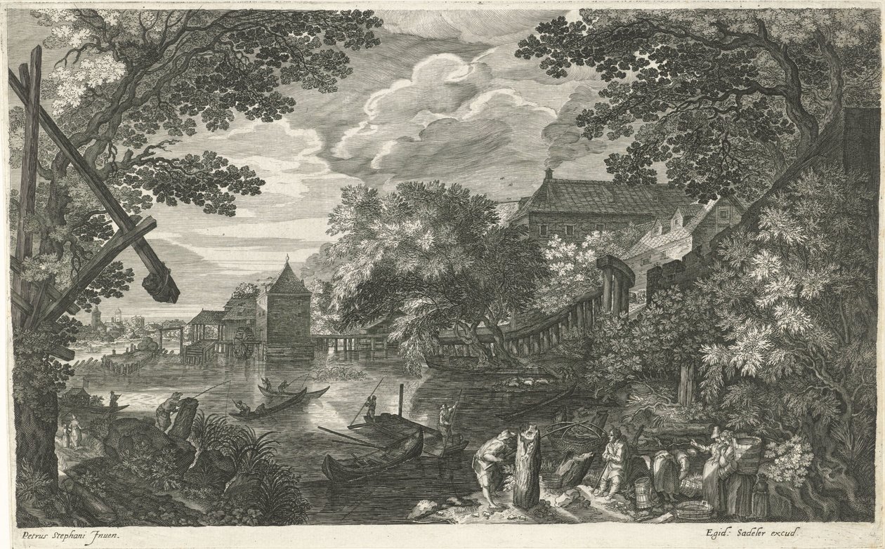 Flodlandskap med fiskare och arbetare Åtta landskap i Böhmen (serietitel) av Egidius  Sadeler (II)