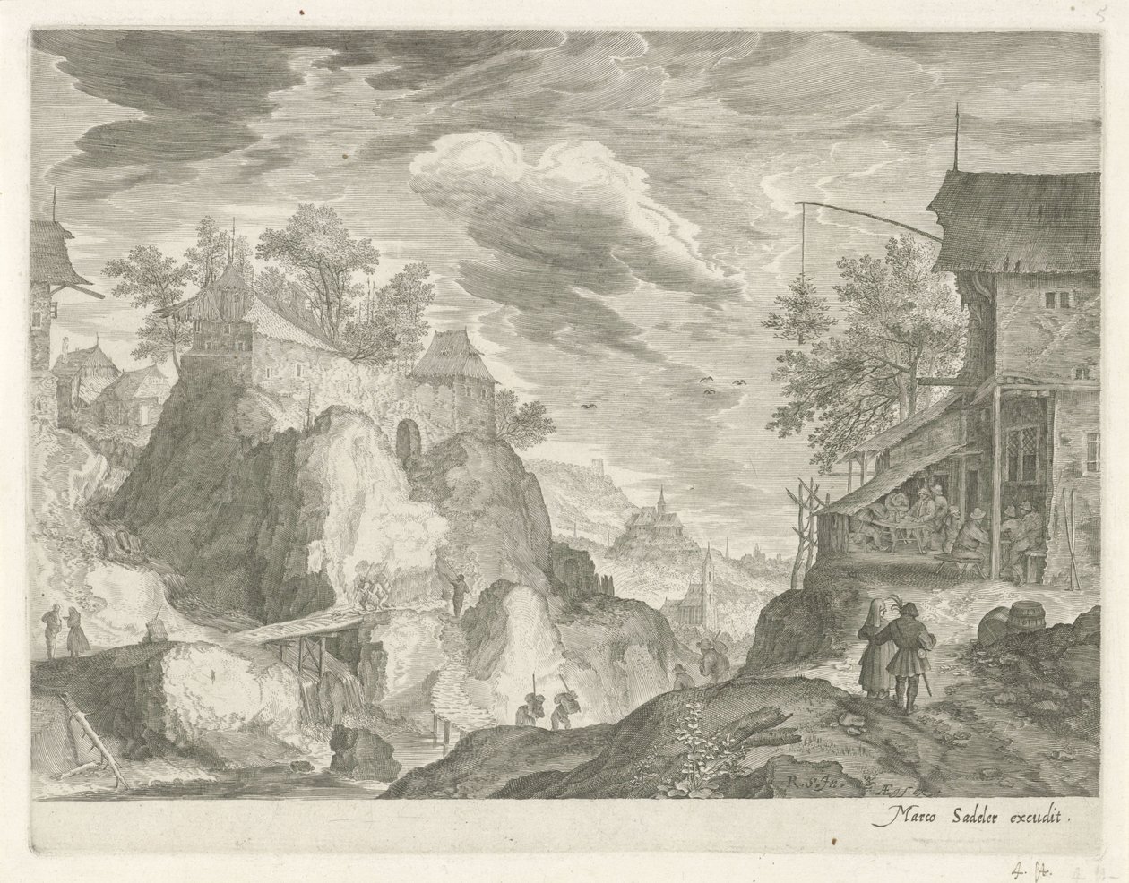 Stenlandskap med värdshus och hus Bergslandskap från Tyrolen (serietitel) av Egidius  Sadeler (II)