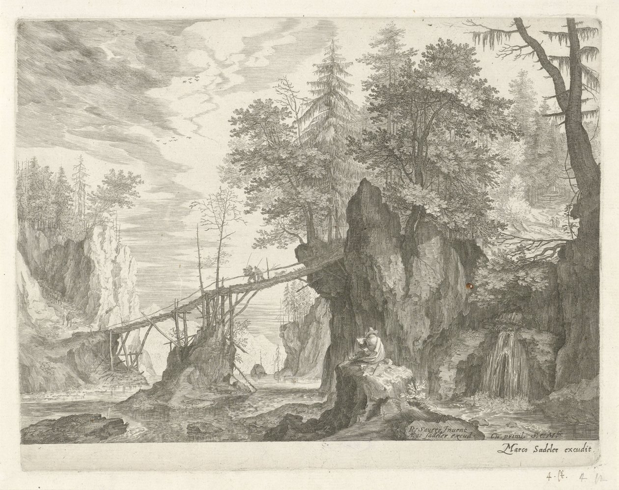 Ritare sitter på en sten framför en bro Bergslandskap från Tyrolen (serietitel) av Egidius  Sadeler (II)