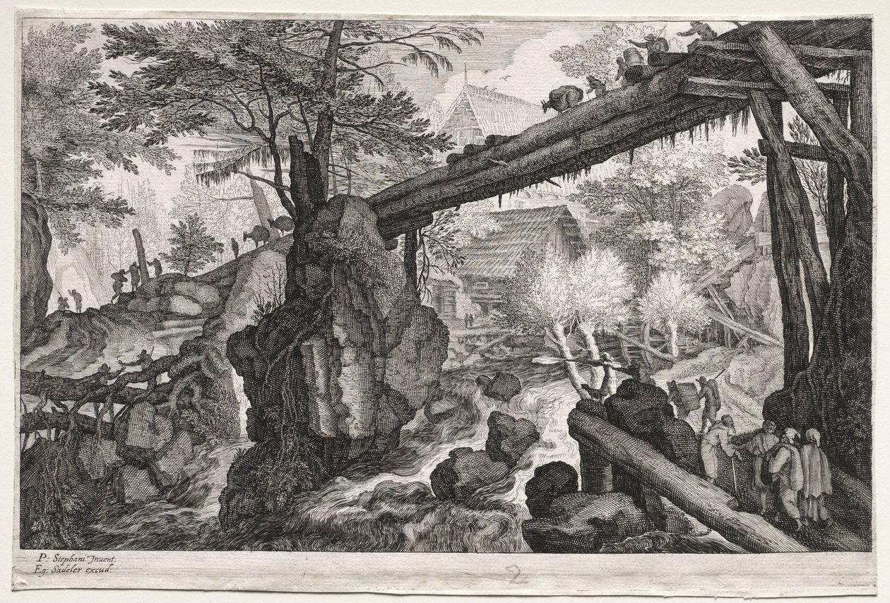 Åtta bohemiska landskap: Landskap med stockbro över grå starr, ca. 1610-1615. av Aegidius Sadeler or Saedeler