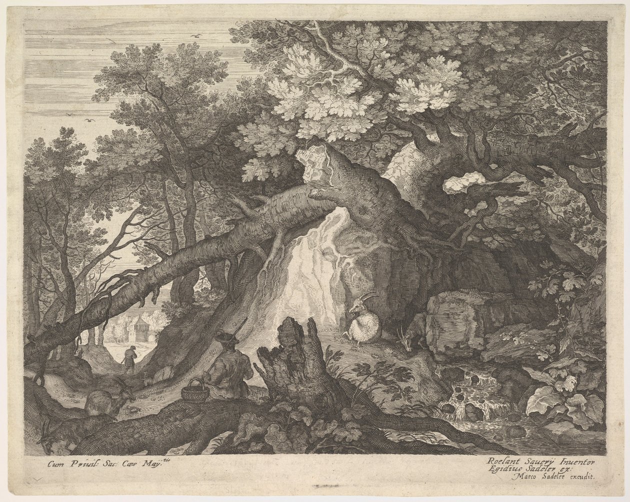 En man som håller en stav och sitter på en trädstam, med två getter på vardera sidan, surro..., ca. 1600. av Aegidius Sadeler II