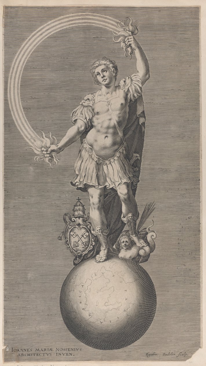 Allegorisk figur av en krigare stående på en jordglob med det påvliga vapnet a..., ca. 1588-1629. av Aegidius Sadeler II