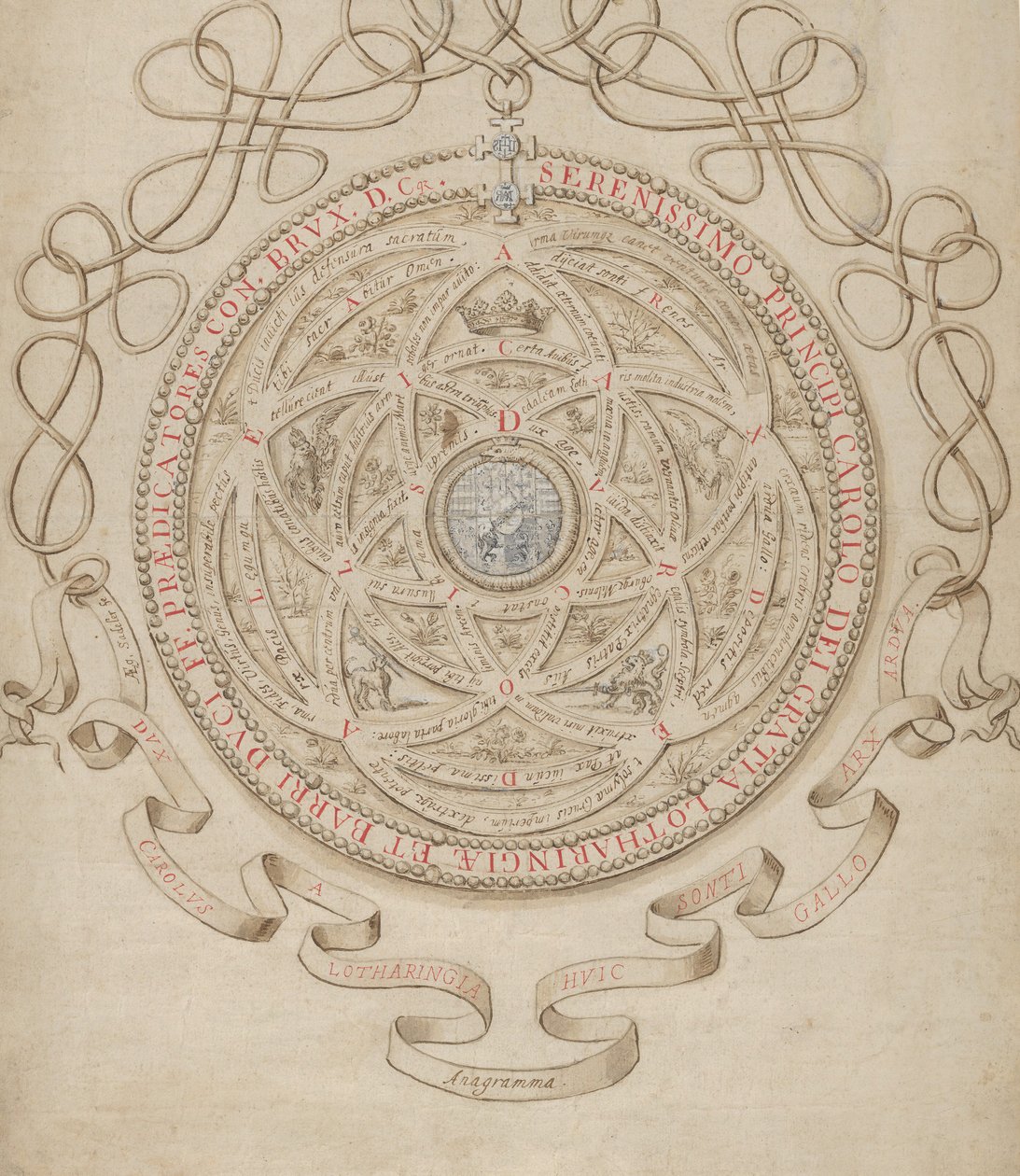 Anagram till ära av Charles III, hertig av Lorraine och Bar, ca. 1595-1605. av Aegidius Sadeler II