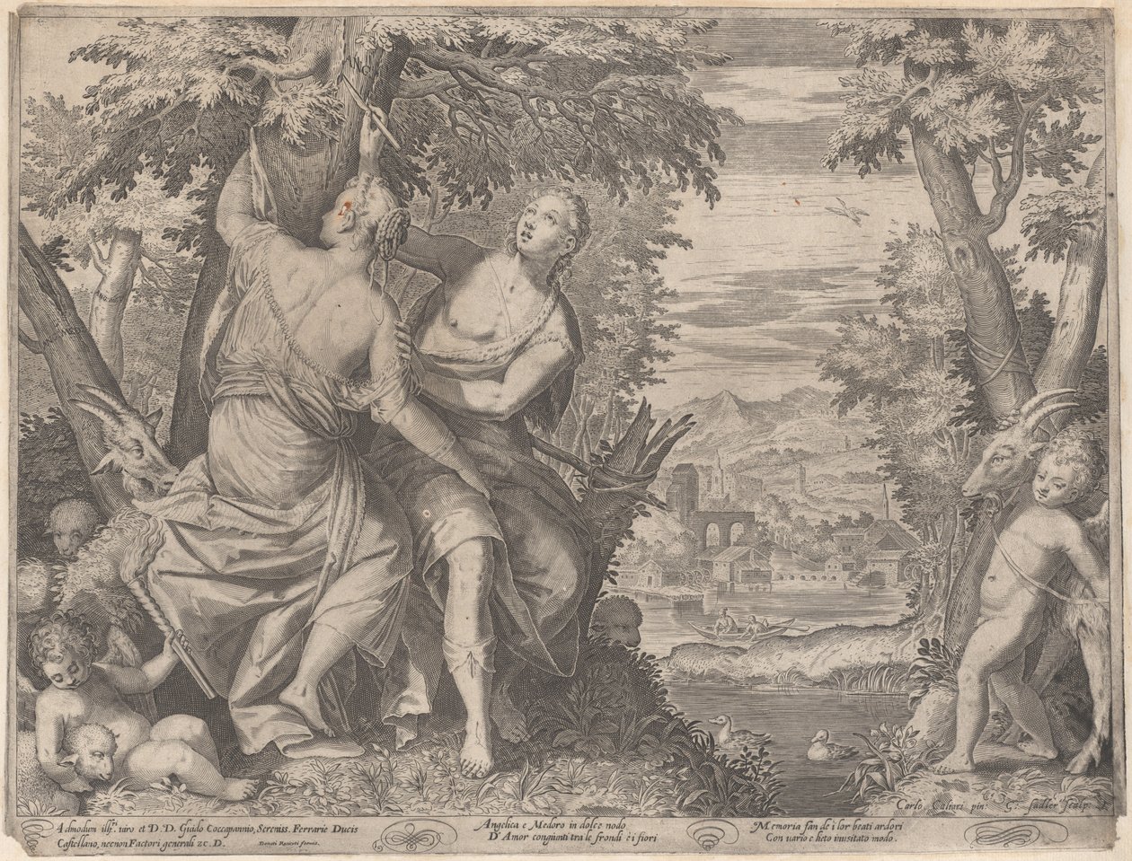 Angelica och Medoro, de står bredvid en bäck när Medoro ristar in sina namn i en tr..., 1590-98. av Aegidius Sadeler II