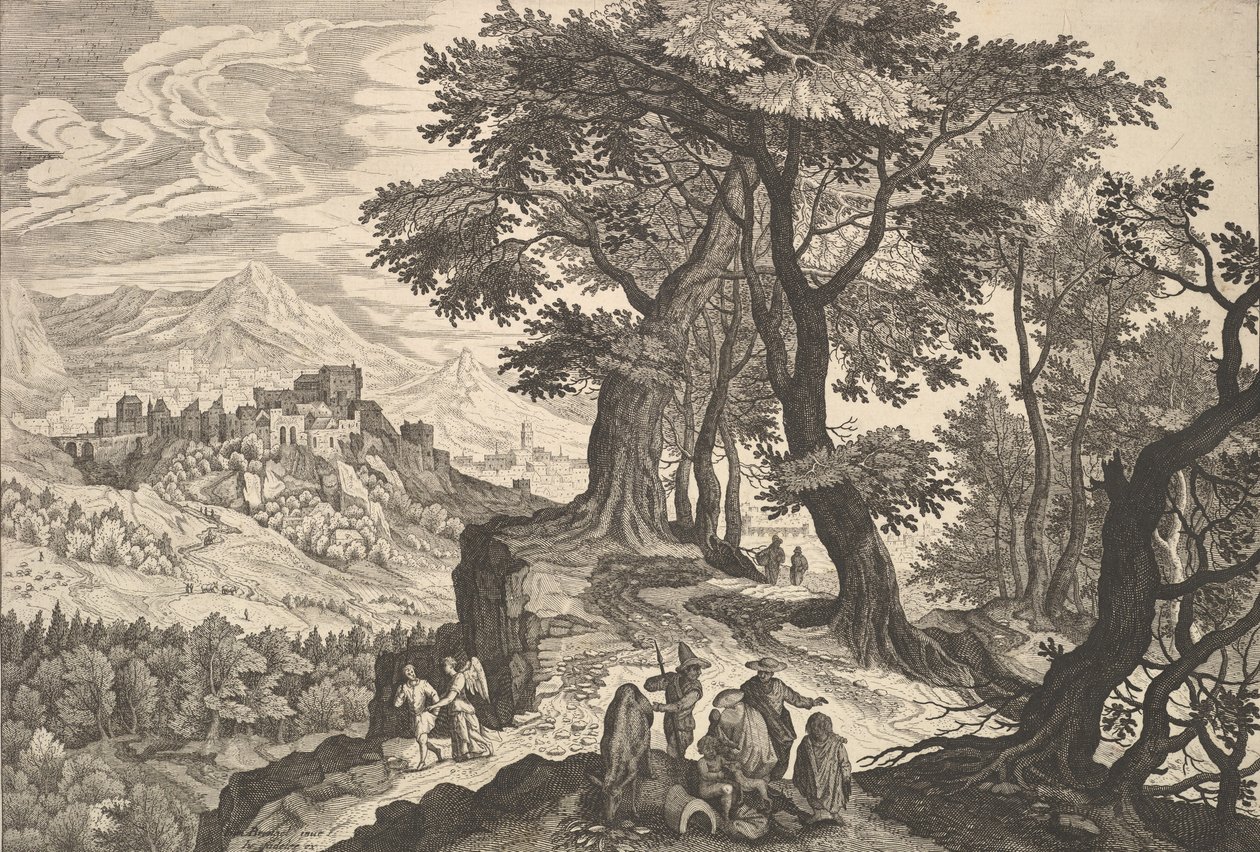 Landskap med Tobias och ängeln och zigenare. av Aegidius Sadeler II