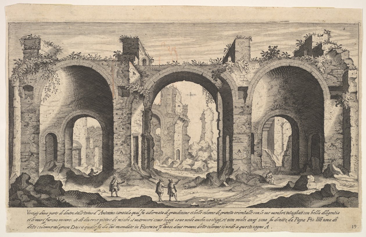 Skylt 19: utsikt över Caracalla-baden, med inskriven bokstav A anger platserna ..., 1606. av Aegidius Sadeler II