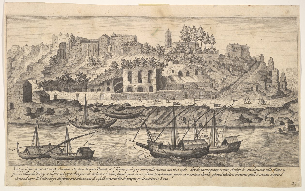 Skylt 21: utsikt från väster av ruinerna av Aventine Hill, Rom, med båtar på floden ..., 1606. av Aegidius Sadeler II