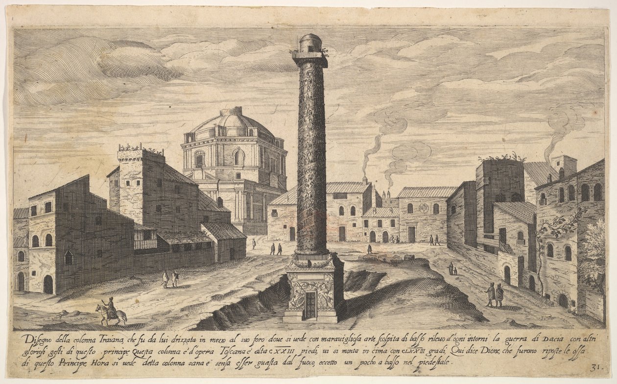 Skylt 31: vy av Trajanus kolumn, visad med sin piedestal utgrävd från jorden, su..., 1606. av Aegidius Sadeler II