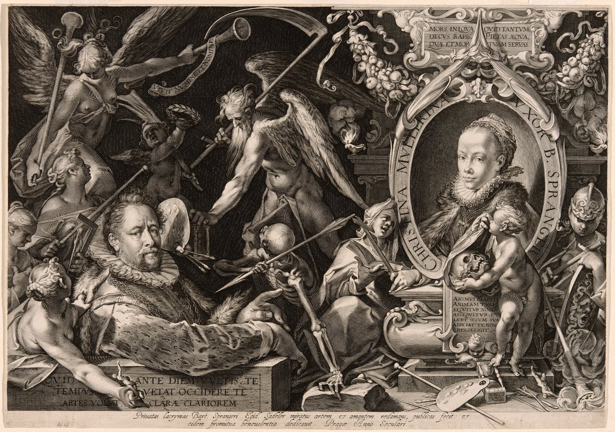 Porträtt av Bartolomaeus Spranger med en allegori över hans hustrus död, Christina Müller av Aegidius Sadeler II