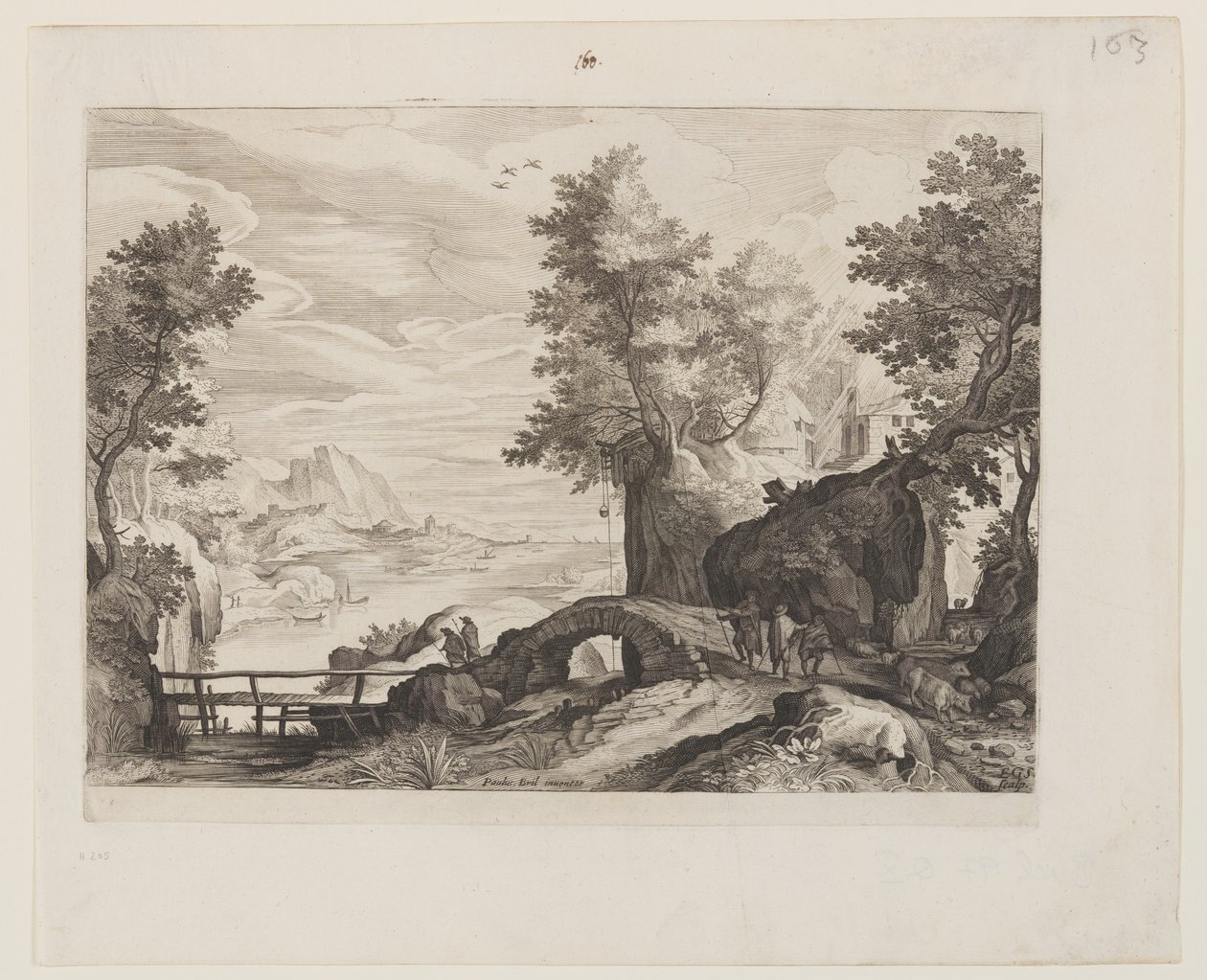 Flodlandskap med en stenbro och en träbro av Aegidius Sadeler II