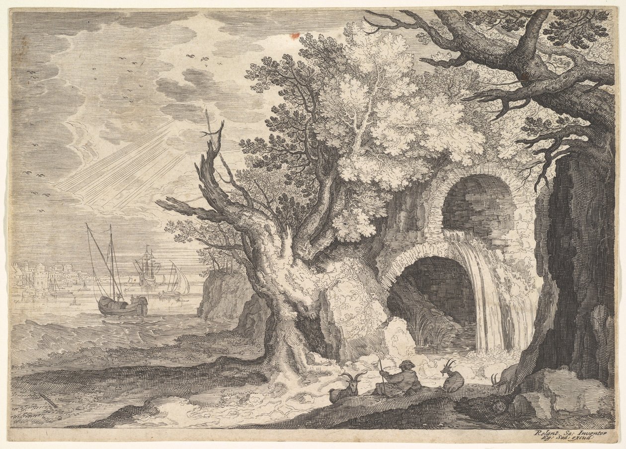Förstörd akvedukt med vatten som rinner ut från den till en bäck nedanför, fartyg till havs bortom, en ..., ca. 1600. av Aegidius Sadeler II