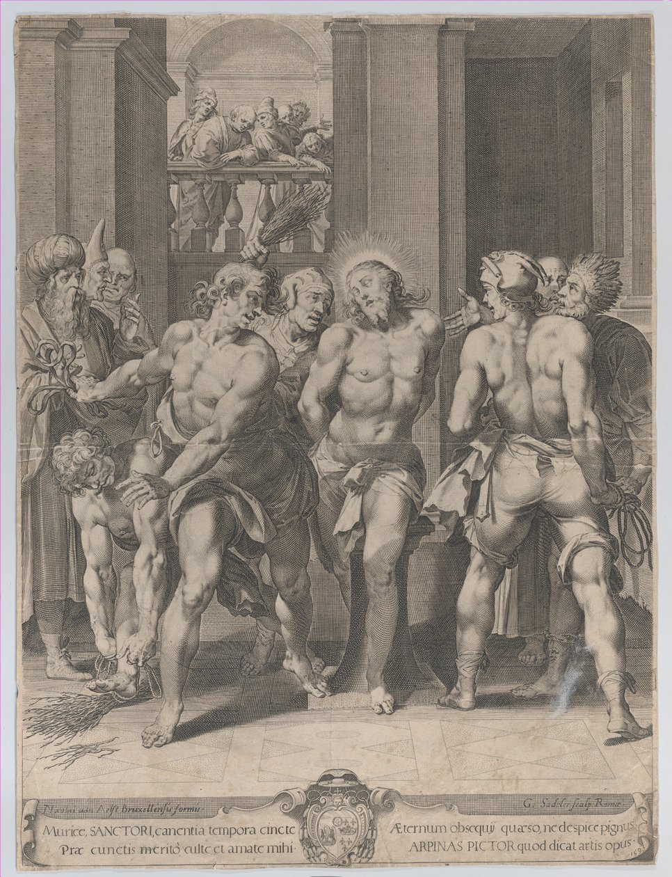 Kristi flagellation, med floggers på båda sidor och figurer som tittar på från en balkong..., 1593. av Aegidius Sadeler II