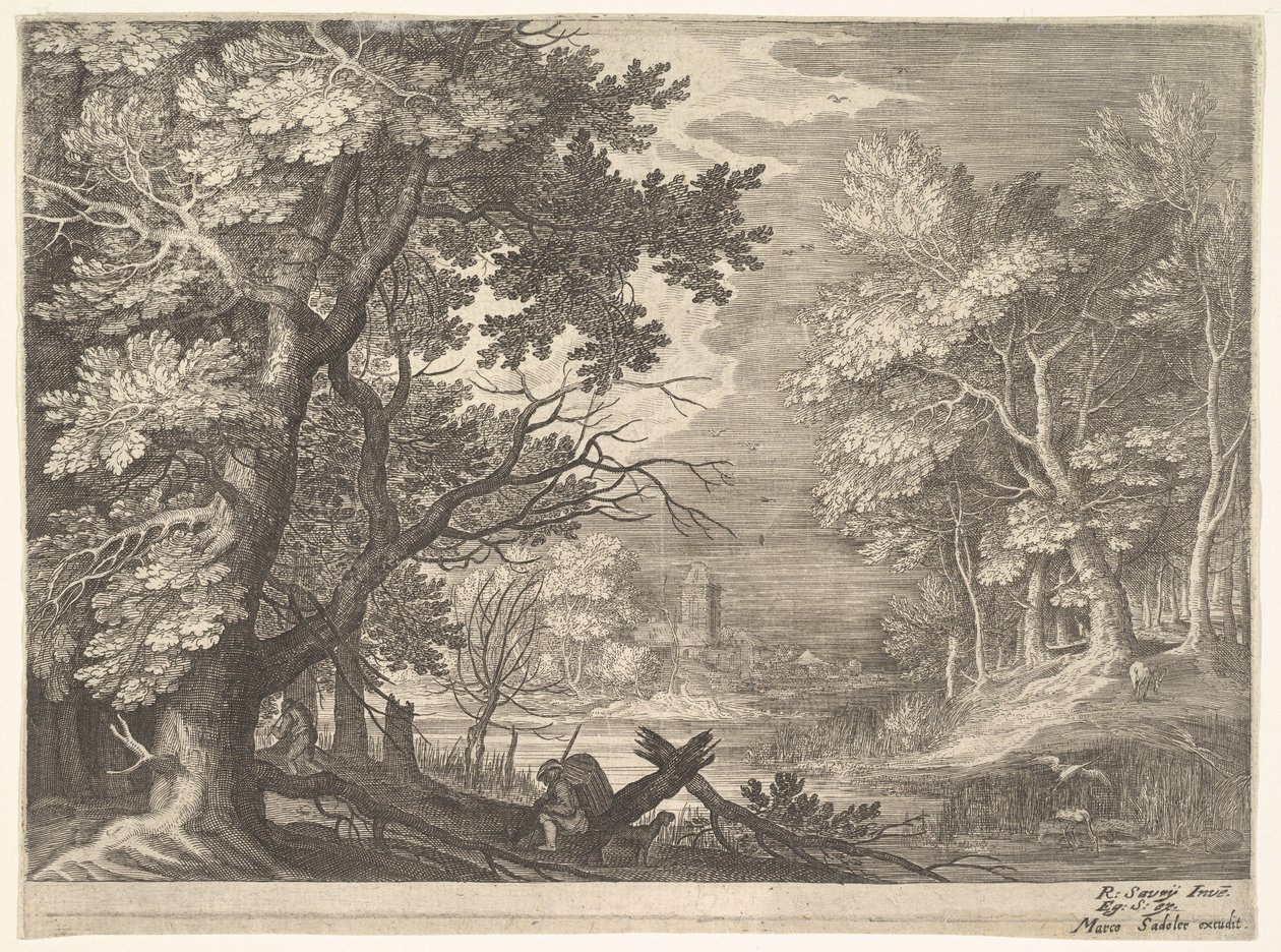 Skogsscen med sumpiga stränder, två män och en hund i profil till vänster, två-långhalsad..., ca. 1600. av Aegidius Sadeler II
