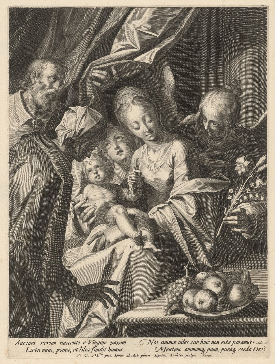 Den heliga familjen med Saint Anne och två änglar av Aegidius Sadeler II, after Hans von Aachen