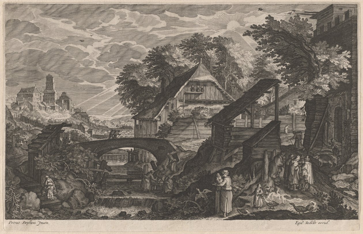 Bondgårdar vid en flod med en stad bortom av Aegidius Sadeler II after Pieter Stevens