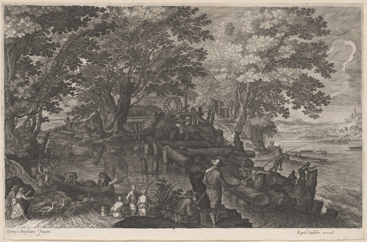 Fiskare vid en vattenkvarn på ön av Aegidius Sadeler II after Pieter Stevens