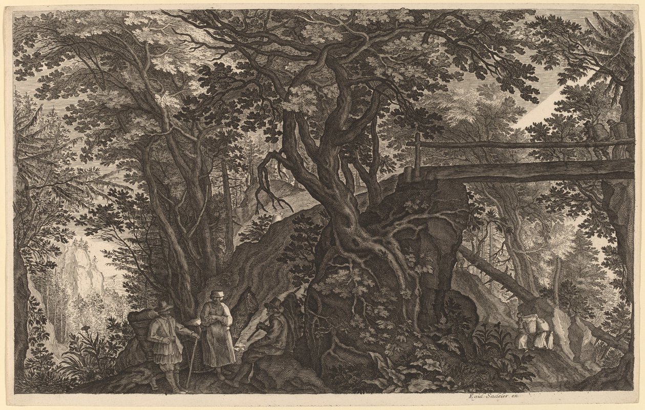 Skogslandskap med två män och en kvinna som vilar nära en bro av Aegidius Sadeler II after Pieter Stevens