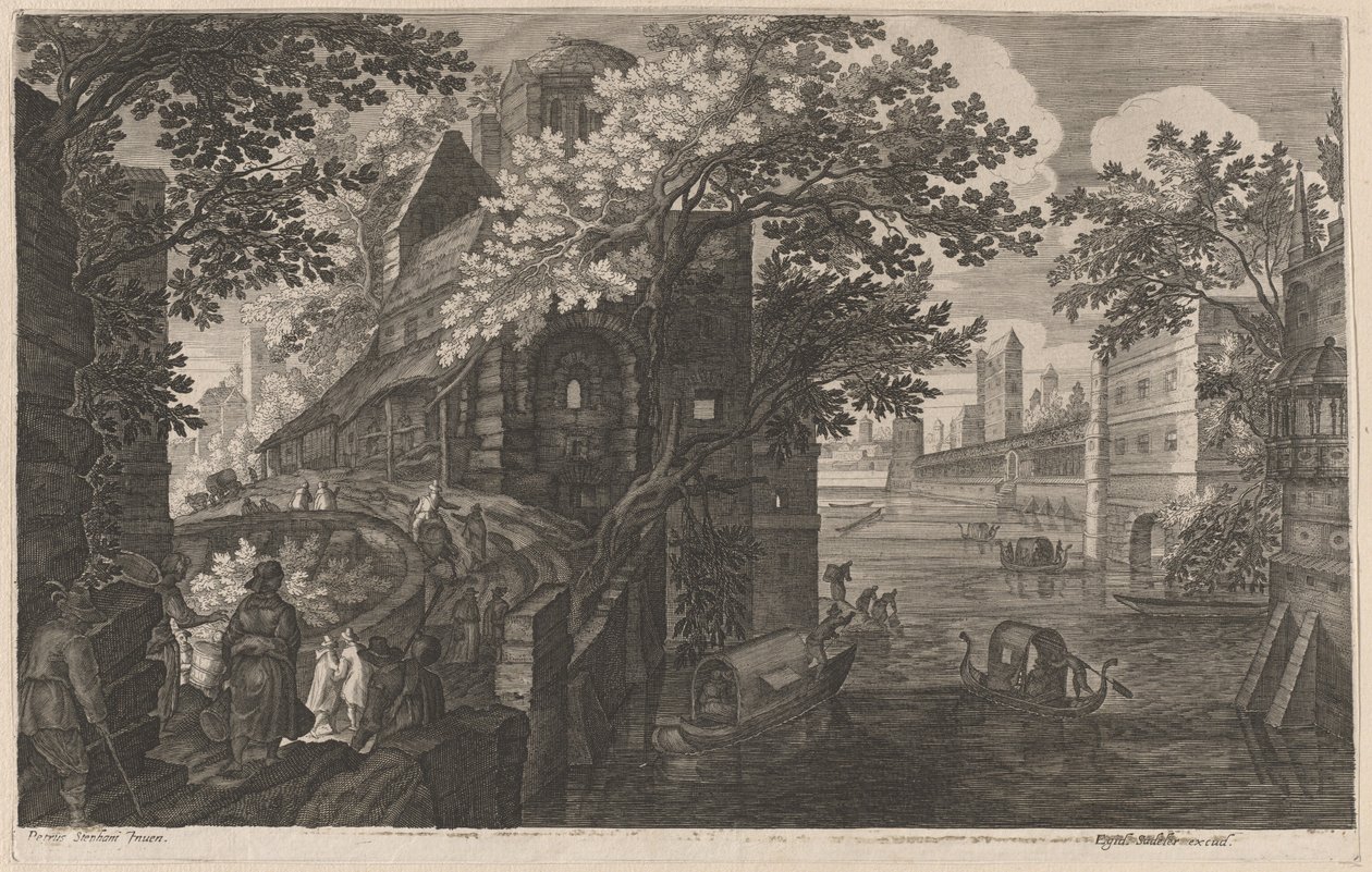 Gondoler på en flod vid ett palats av Aegidius Sadeler II after Pieter Stevens
