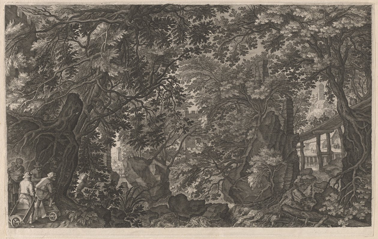 Jägare i en skog nära en träbro av Aegidius Sadeler II after Pieter Stevens