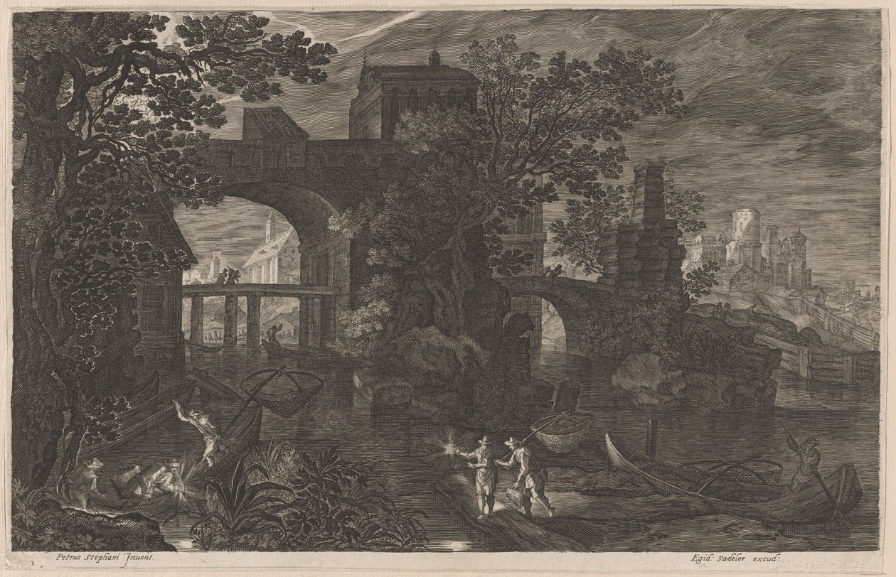 Nattfiske nära befästa broar av Aegidius Sadeler II after Pieter Stevens