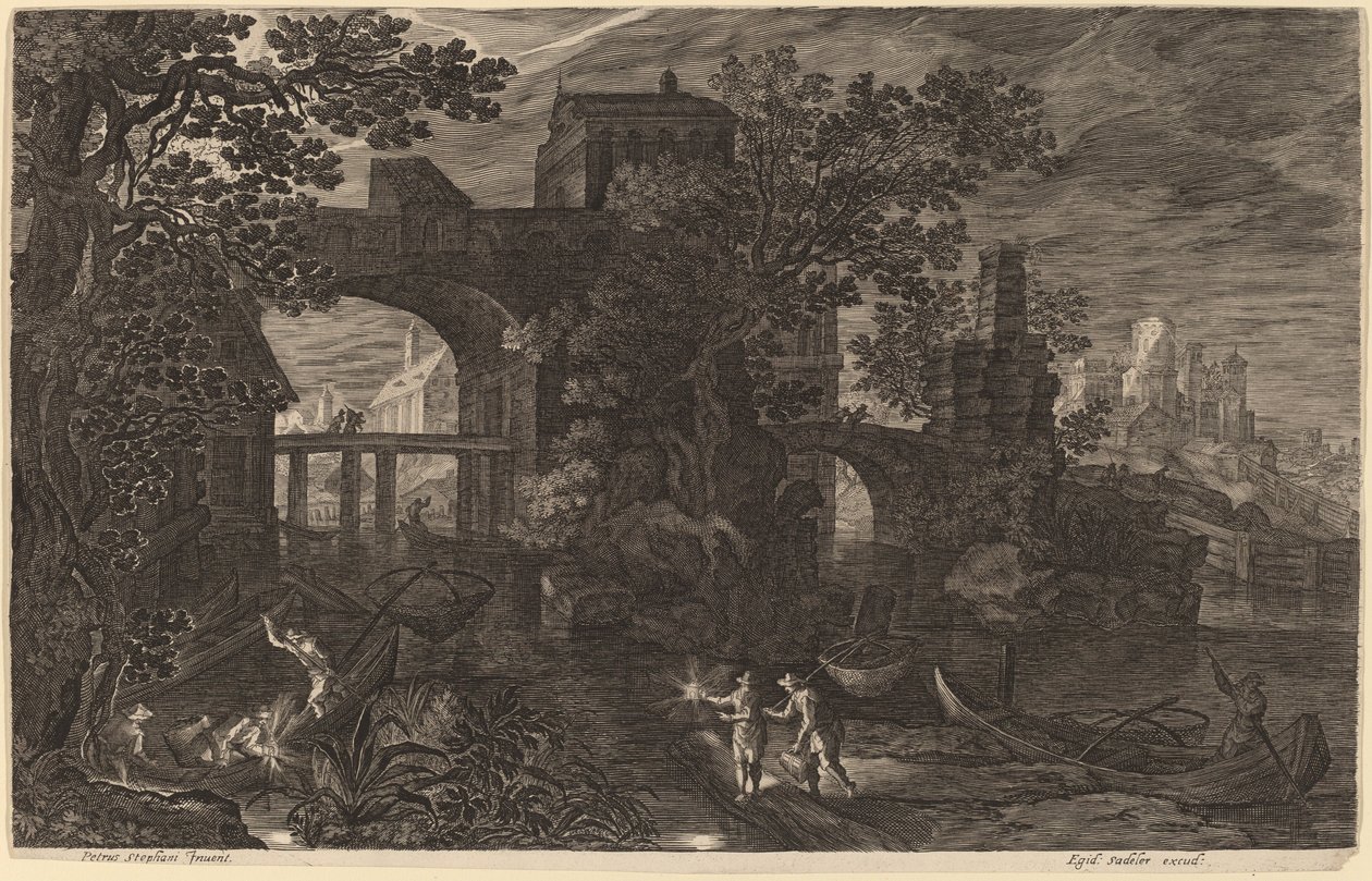 Nattlandskap med flodfiskare utanför stadsmuren av Aegidius Sadeler II after Pieter Stevens