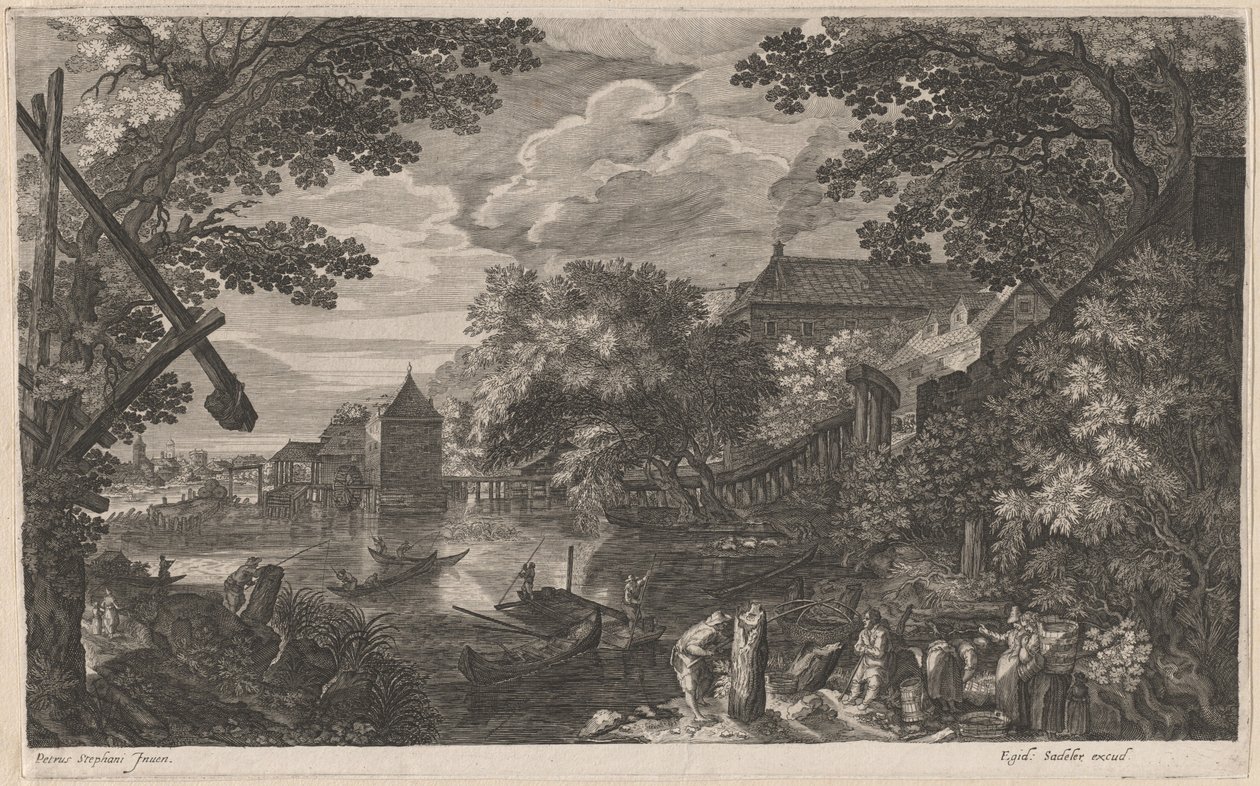 Flodlandskap med fiskare vid en befäst stad av Aegidius Sadeler II after Pieter Stevens