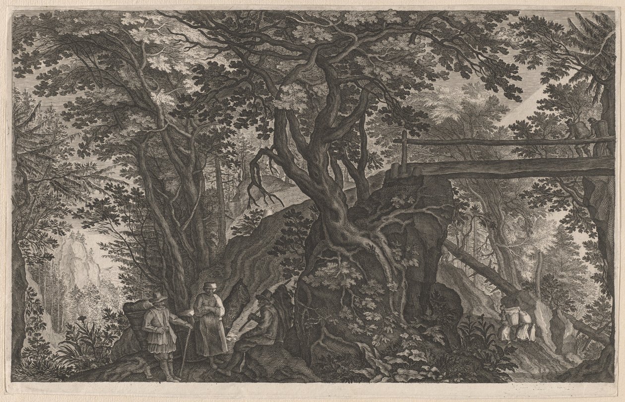 Resenärer som vilar i en bergsskog vid en stockbro av Aegidius Sadeler II after Pieter Stevens